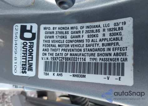 2019 Honda Civic Sport из США, поврежденный, VIN 19XFC2F88KE031114